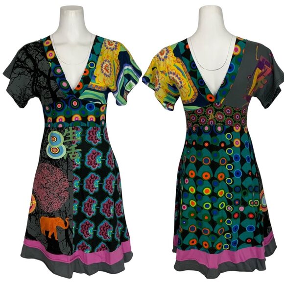 Desigual Dress S Colorful Embroidered Short Sleeve Tiered V-Neck Art To Wear - Picture 11 of 13